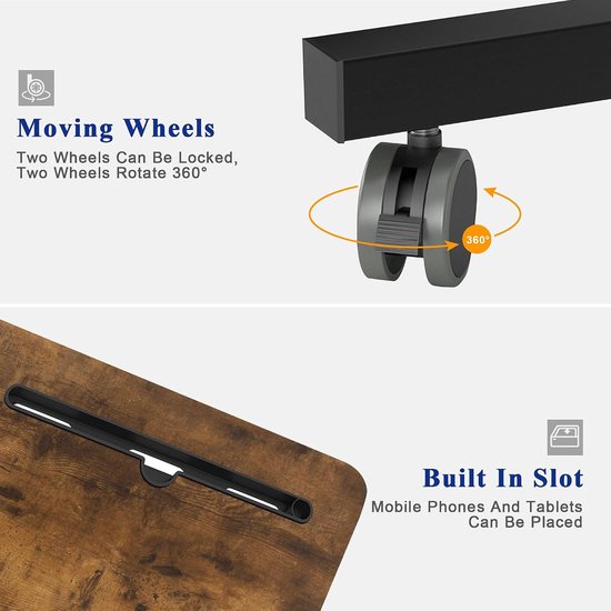 Bijzettafel met Wielen - Laptoptafel Verrijdbaar - Flexibel Werken - In Hoogte Verstelbaar - 60 x 40 x 71-90 cm — afbeelding 4