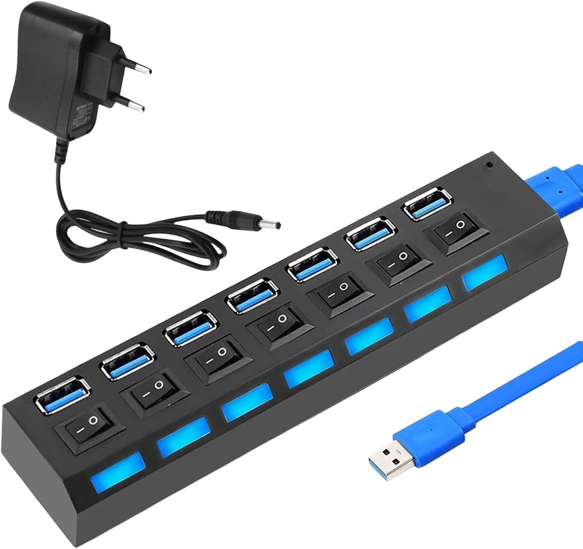 USB 3.0 Hub - Zwart - 7 Poorten - Actieve Data-Hub met 60 cm Verlengkabel - Voor PC, MacBook en PS5