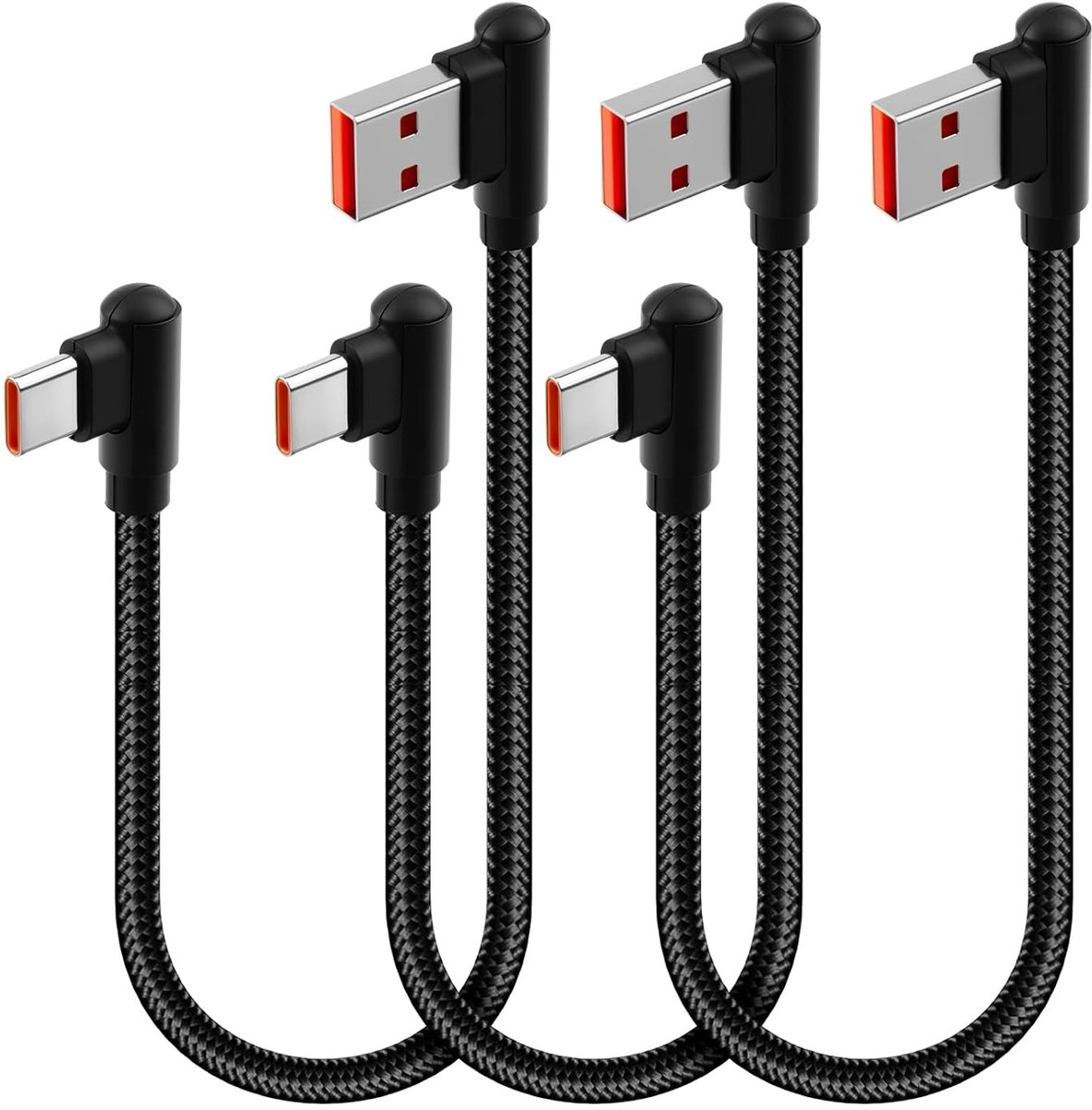 SnelShoppen - 3-Pack USB-C Kabel 90° Hoek 0.3 m, Korte USB-C Snellader Kabel, 10 Gbit/s USB 3.1, 3A Gevlochten Nylon, Geschikt voor Android Auto Galax