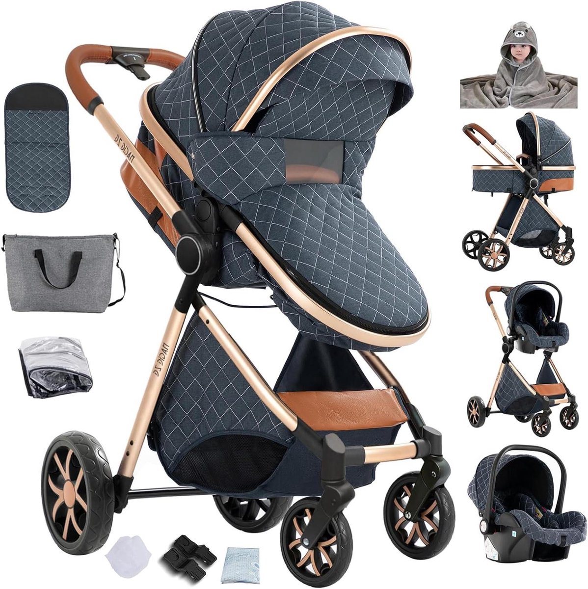 3-in-1 Kinderwagen - Reiswieg Buggy - Baby Vervoer - Omkeerbaar Duo-zitje - 82 x 61 x 105 cm - Denim Blauw