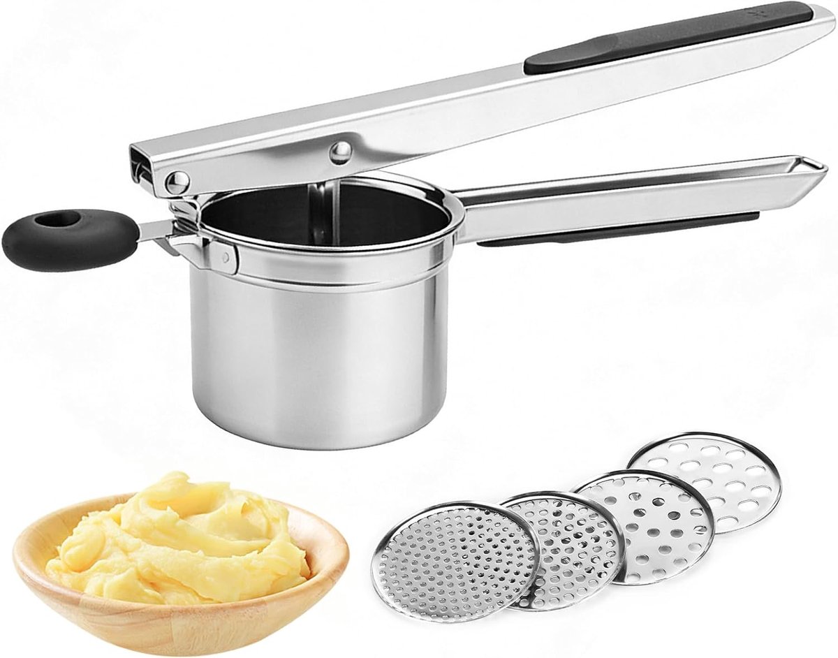 Aardappelpers van Roestvrij Staal, Groente-aardappelstamper met 4 Verwisselbare Noedelzeven, Antislip Siliconen Handvat, Spätzlepers, Vaatwasmachinebestendig