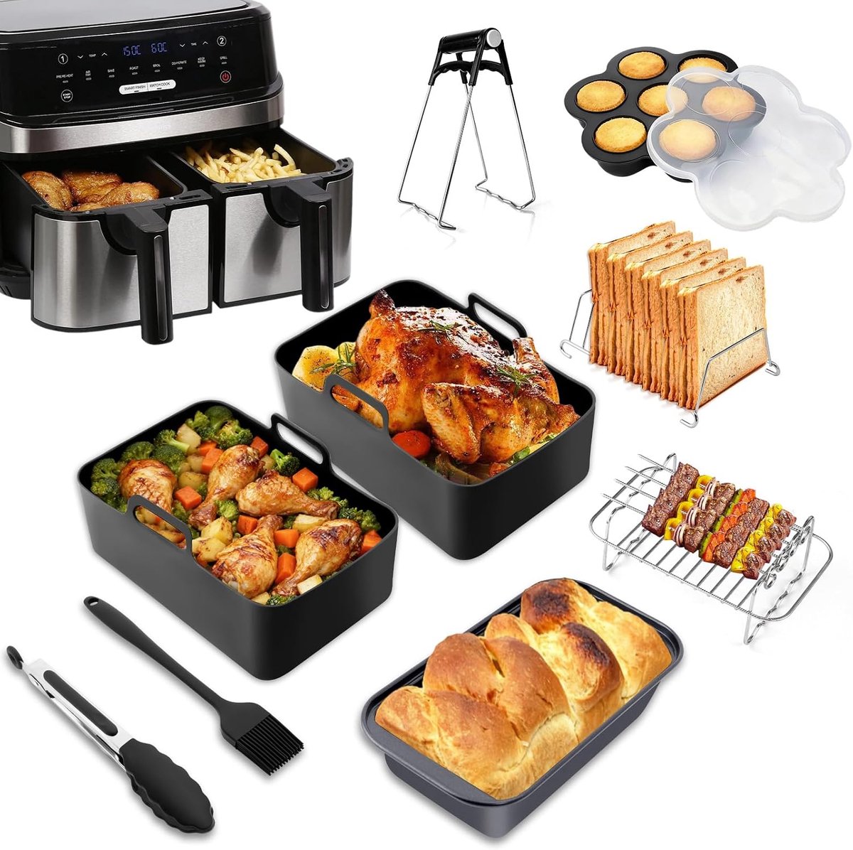 Airfryer Accessoires voor Ninja – 14-delige heteluchtfriteuse-accessoires voor Ninja Foodi AF300EU/400EU/451EU, DZ400EU/300EU en andere 7,6L-9,5L friteuses met twee zones