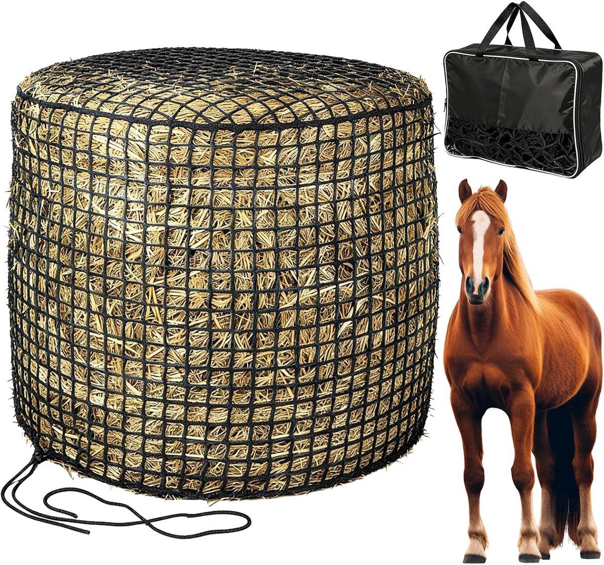 ronde balen, maaswijdte 5,6x5,6cm Versterkte grote hooinet paarden | ø 150cm Hoogte 150cm Zwart rondbalennet Hooibalennet Fijnmazig voernet om de voedertijd te verlengen