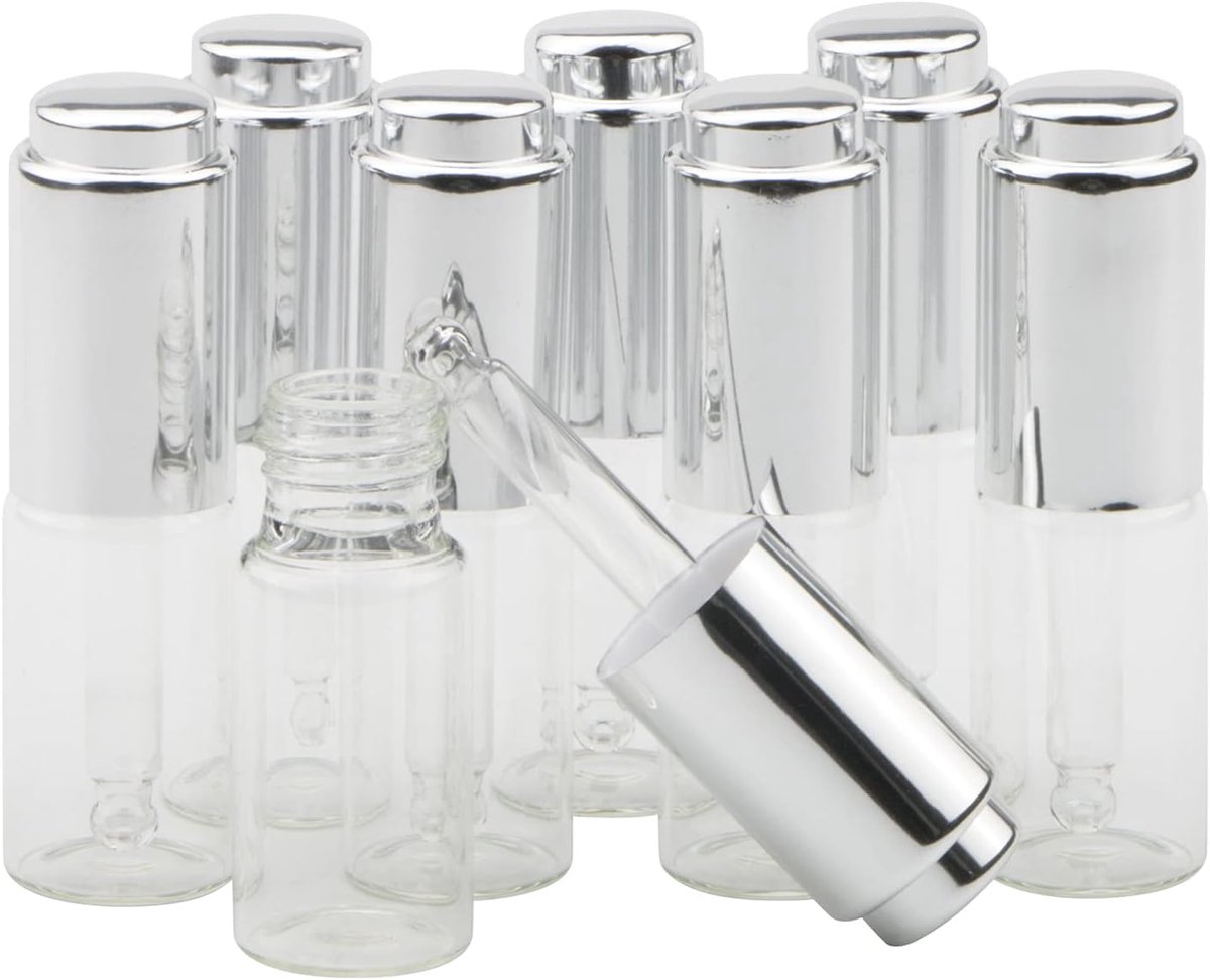 10 ml transparante glazen druppelflesje met zilveren drukpomp 0,3 oz navulbare etherische olie, draagbare cosmetische container voor reizen, dagelijks leven, verpakking van 8