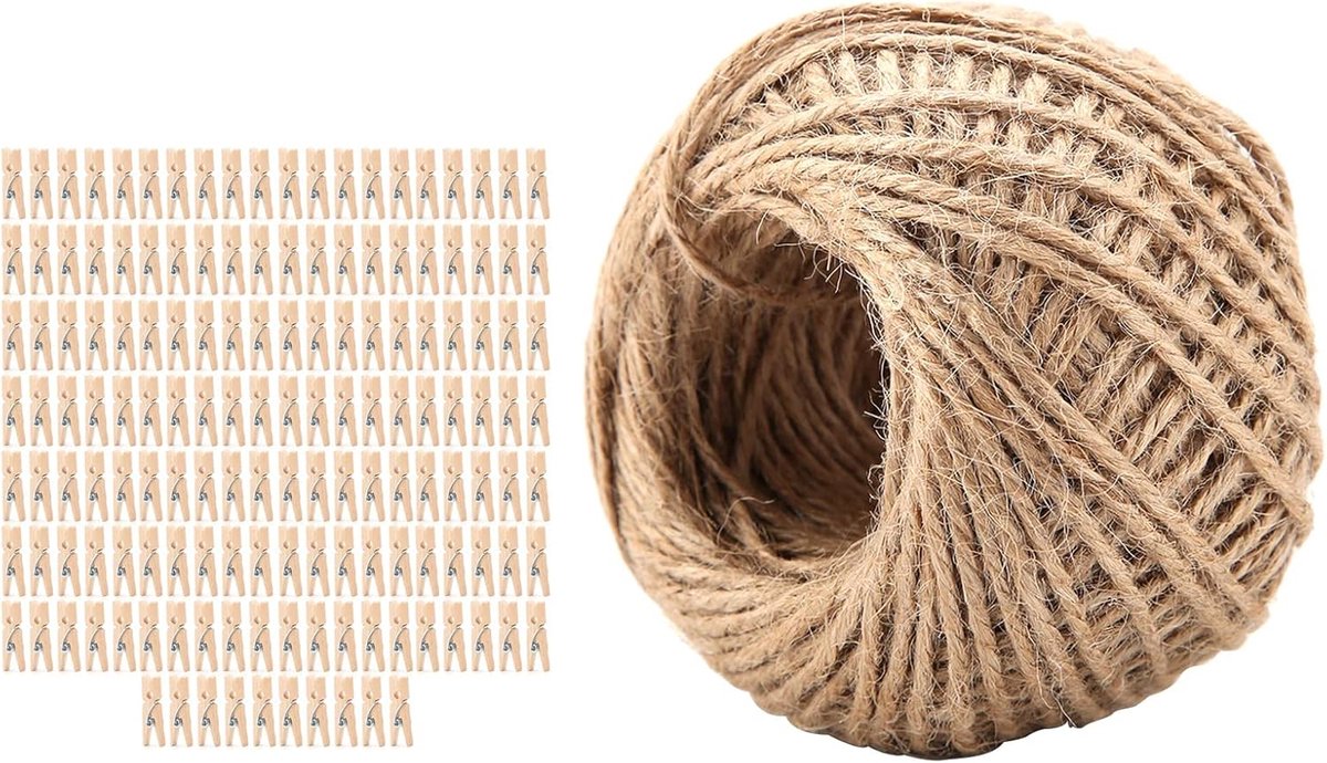 250 Pcs Wooden Clothespins, Mini Pince A Linge Bois Mini Clothes Pins Clip Peg With 1 Roll 50 Meter Jute Twine