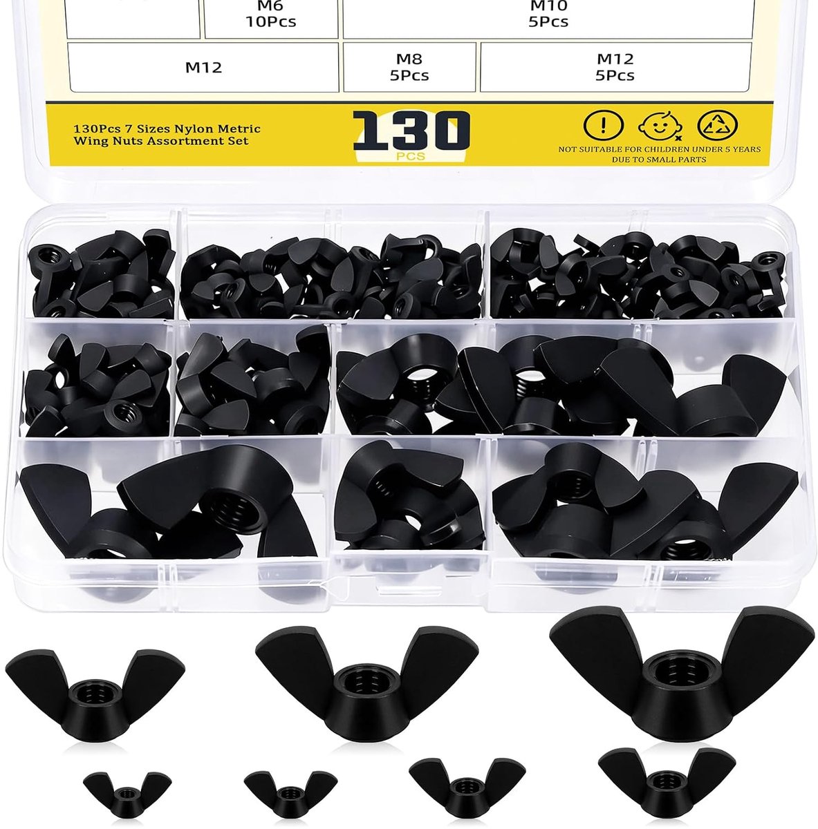 Vleugelmoeren, M3, M4, M5, M6, M8, M10, M12, zwarte nylon vleugelmoeren, bevestigingselementen, met de hand vast te draaien