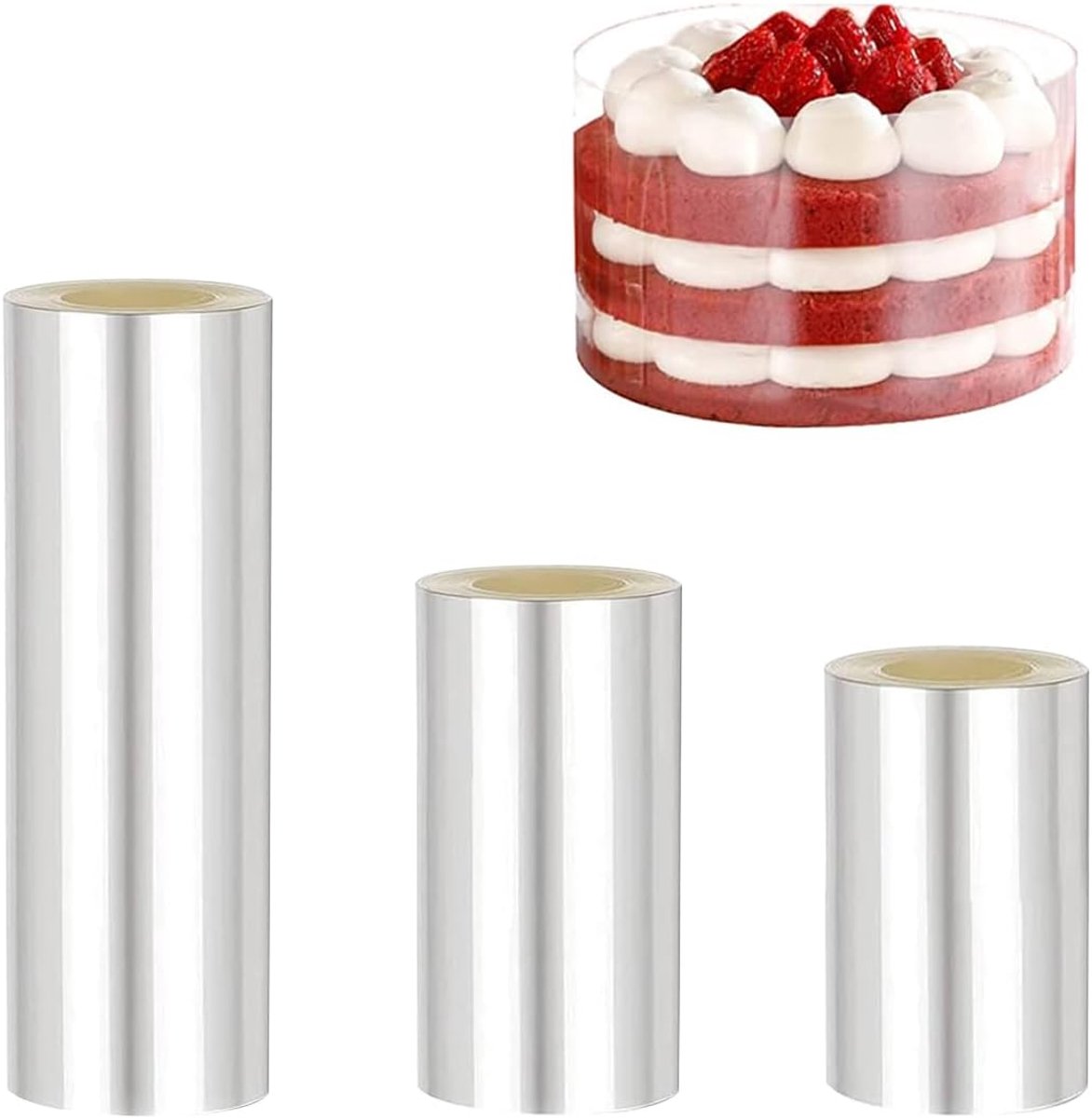 3 rollen taartrandfolie, 8/10/15 cm hoog x 10 m taartfolie, acetaatfolie, herbruikbaar, plastic folie, taartfolie, taartdecoratie, chocolade, mousse, cake, dessertringen