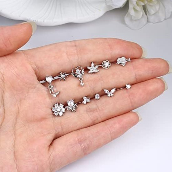 12 stuks 20G neusstekers voor vrouwen, L-vormige kurkentrekker, bengelende neusringen, roestvrij staal, neuspiercing, sieraden, zirkonia, hart, maan, vlinder, neusringen, studs voor vrouwen en — afbeelding 2