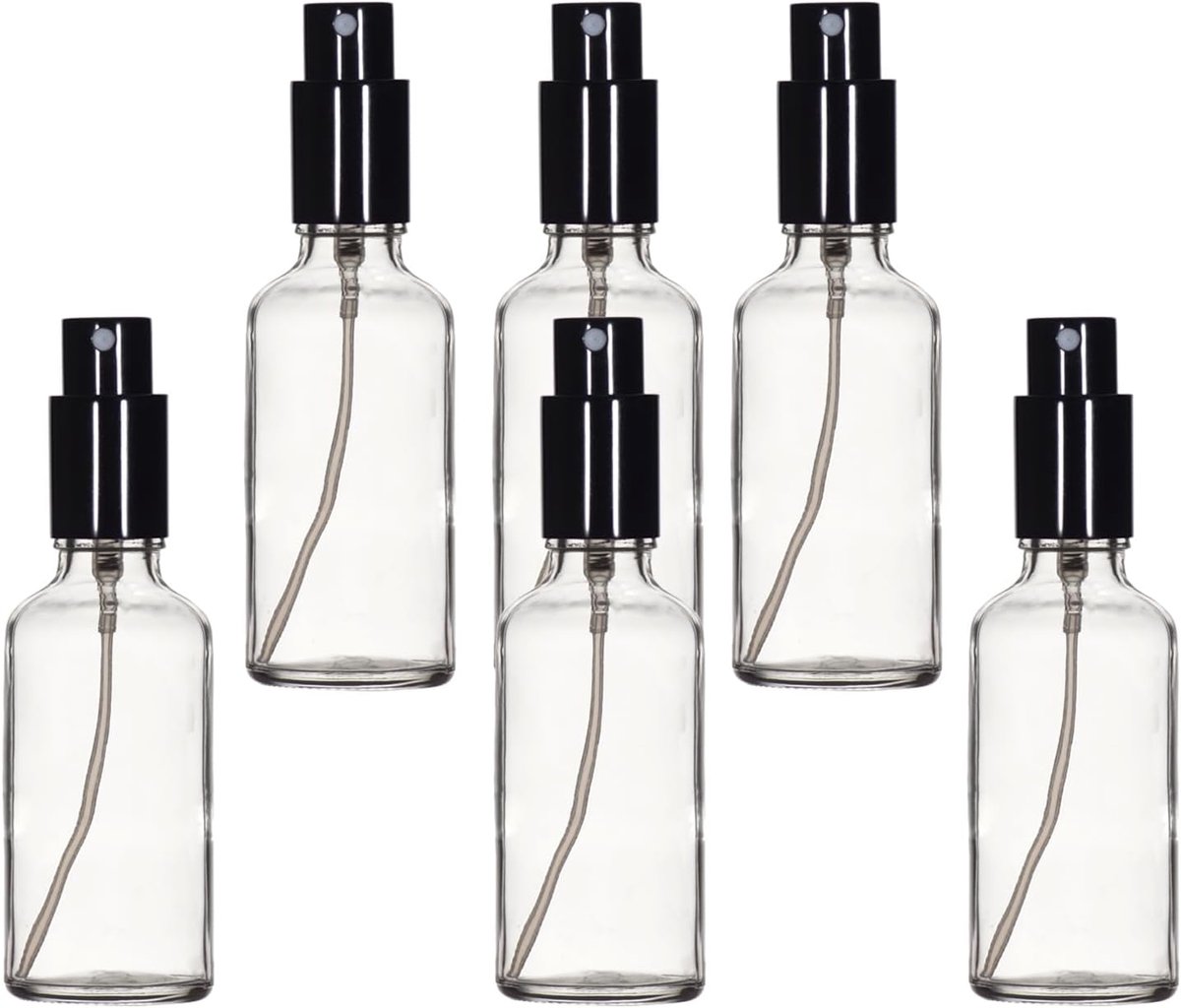 Boston-Glasflaschen, 50 ml, transparent, mit schwarzem feinem Sprühnebel, für ätherische Öle, Reinigung, Parfüm, Reiseflüssigkeit, Make-up, tragbare Kosmetikflasche, 6 Stück