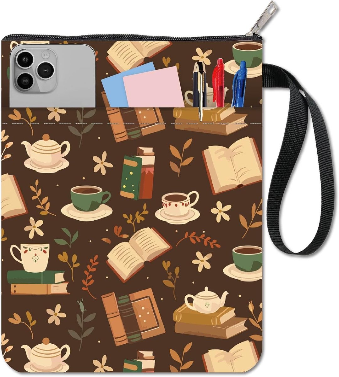 Koffieboekhoes Bruin Boektasdoek Stof Waterdicht Wasbaar Drink Theepot Notitieboek Paperback Tas Beschermer Hoes met Ritssluiting en Voorvak voor Boekenlezer Cadeau voor Verjaardag Afstuderen