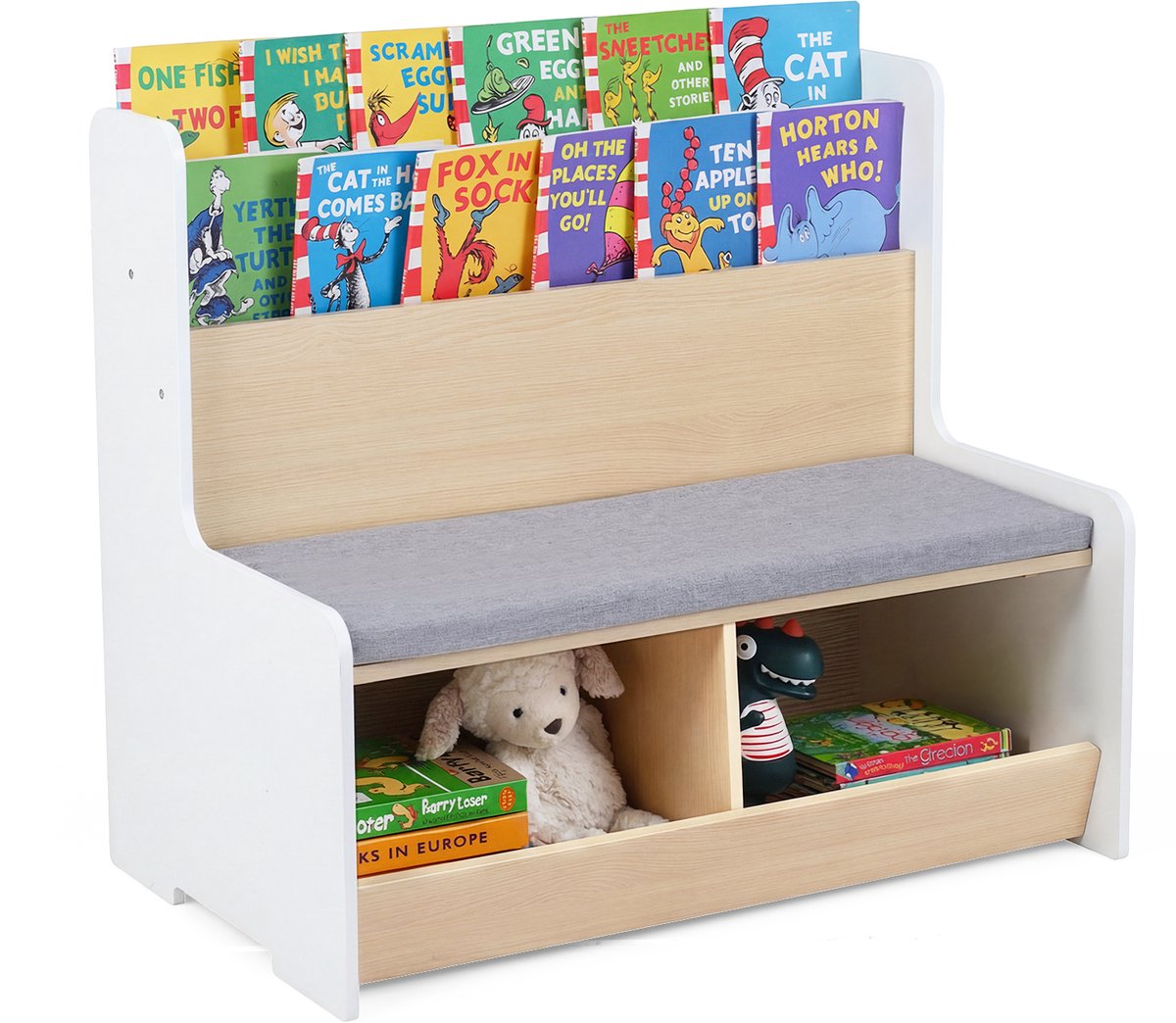 COSTWAY 3-in-1 Boekenplank Kinderen met Zitbank, Kinderplank met 2 Vakken & Gepolsterd Kussen, Kinderzitbank in Kikker-vorm, Houten Speelgoedplank voor Kinderkamer, Speelkamer (Wit)