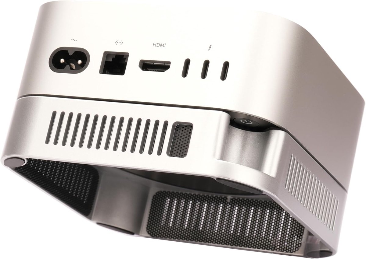 M5 Mac mini standaard, zilveren houder voor Mac mini 2024-2026 met ventilatie, warmteafvoerkoeling, bureaumontageaccessoires met anti-slip siliconen en stofdichte netten