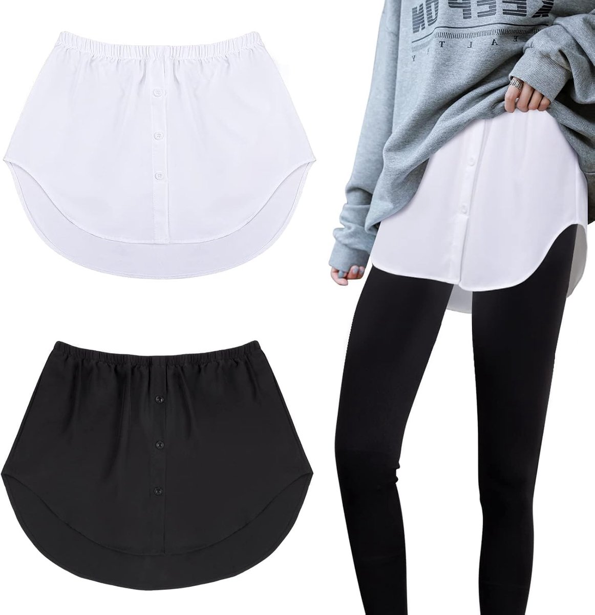 Hemdverlenging, 2 stuks, blouserok, voor dames, mini onderrok, shirtverlenging, nepblouse, zoom, rokje met knopen