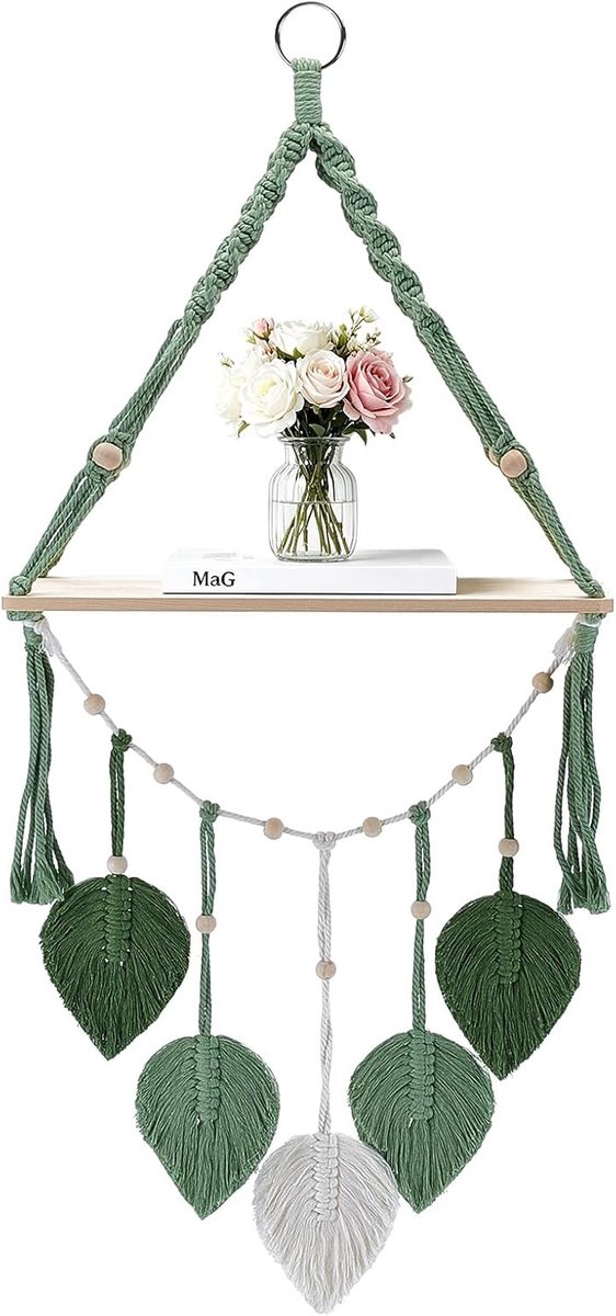 Zwevende wandplanken van katoen macramé in bladvorm, hangende boho-planken van hout voor wanddecoratie, hangende planten en foto's, slaapkamer, woonkamer, kinderkamer, studeerkamer