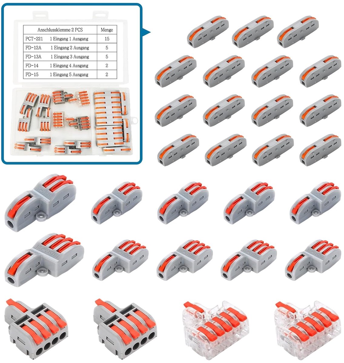 uitvoeringen verbindingsklem kroonluchterklem | Kabelklemmen elektrisch DIY combineerbare compacte verbindingsklemmen geschikt voor 0,08-2,5 (4,0) mm² 250V 32A 29 stuks