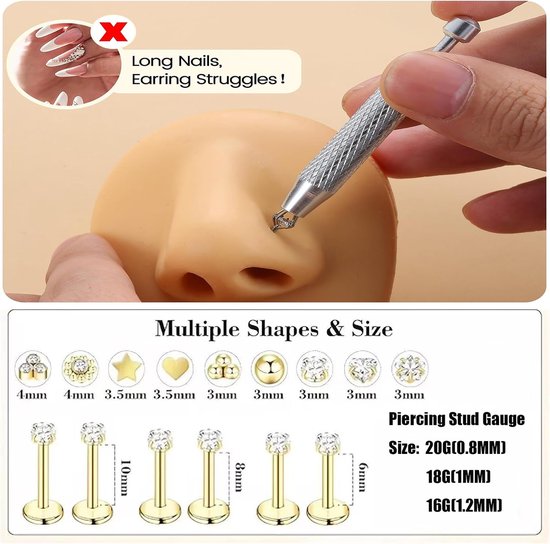 sieraad voor dames, stalen neuspiercing, steker labret à filetage, interne pour lèvre hypo-allergeen piercing — afbeelding 3