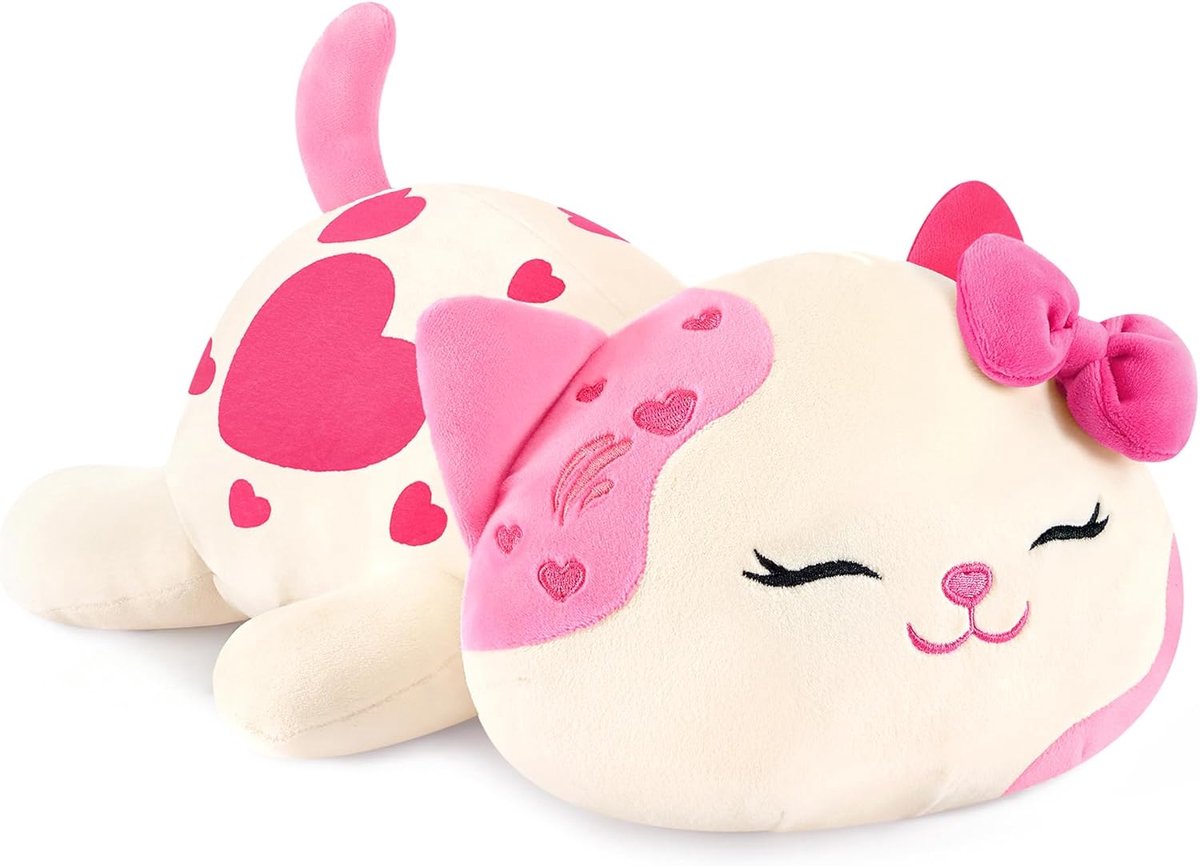 shownicer Pluche dier kat, knuffeldier, knuffeldier, Kawaii kat, pluche kussen, speelgoed, katje, pluche cadeau voor volwassenen en kinderen vanaf 3 jaar (wit en roze, 23 cm)