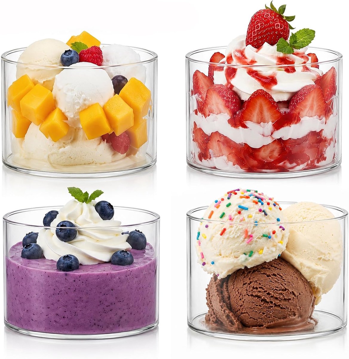 ijsschalen, set van glas, glazen met voet voor het elegante serveren van ijs, ijsschaal, dessertglazen, dompelkom voor dessertkopjes (cilinder 190)
