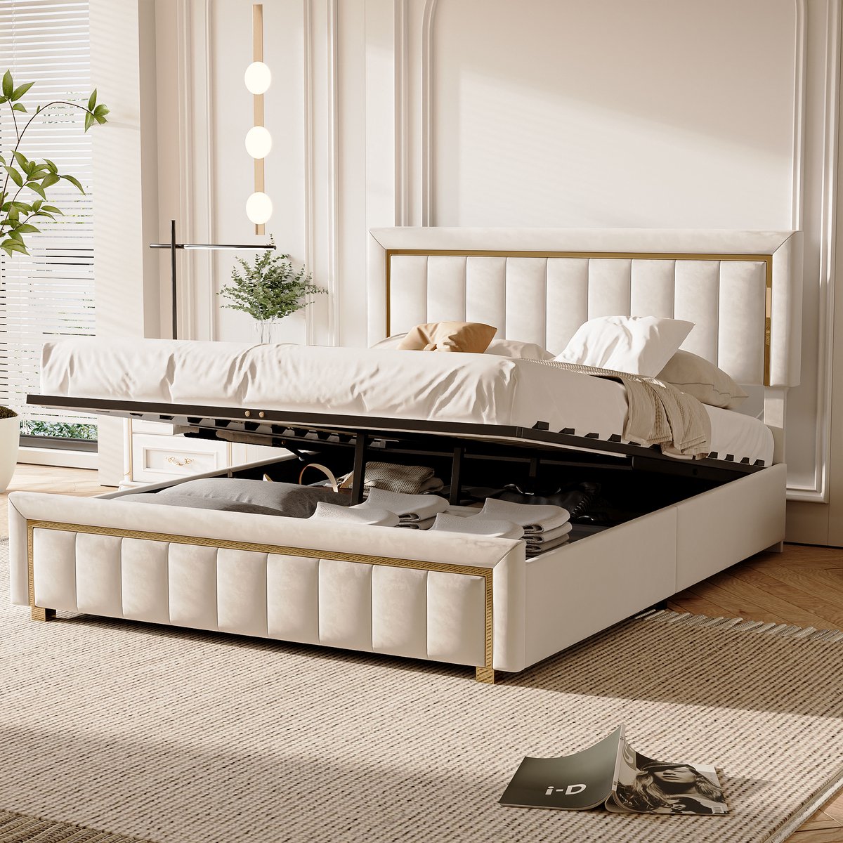 Fluwelen Opbergbed 140x190 Beige – Luxe Gestoffeerd Tweepersoonsbed met Gouden Details – Bed met Lift Opbergruimte & Lattenbodem