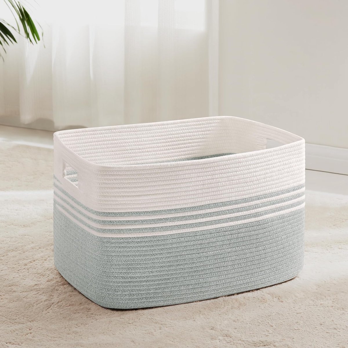geweven wasmand van katoenkoord, 60L, opbergmand met handvatten, voor dekens, kleding, speelgoed, wasmand voor kinderkamer of woonkamer, 53x38x29 cm, wit en lichtgroen