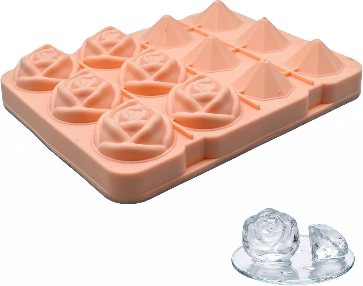 IJsblokjesvorm van siliconen, roze met rozenvormen en diamanten, ijsblokjesvormen voor cocktails en whisky, grote ijsblokjes met langzaam smelten, BPA-vrij, eenvoudig te verwijderen, 13,5 x 18 x 3,5