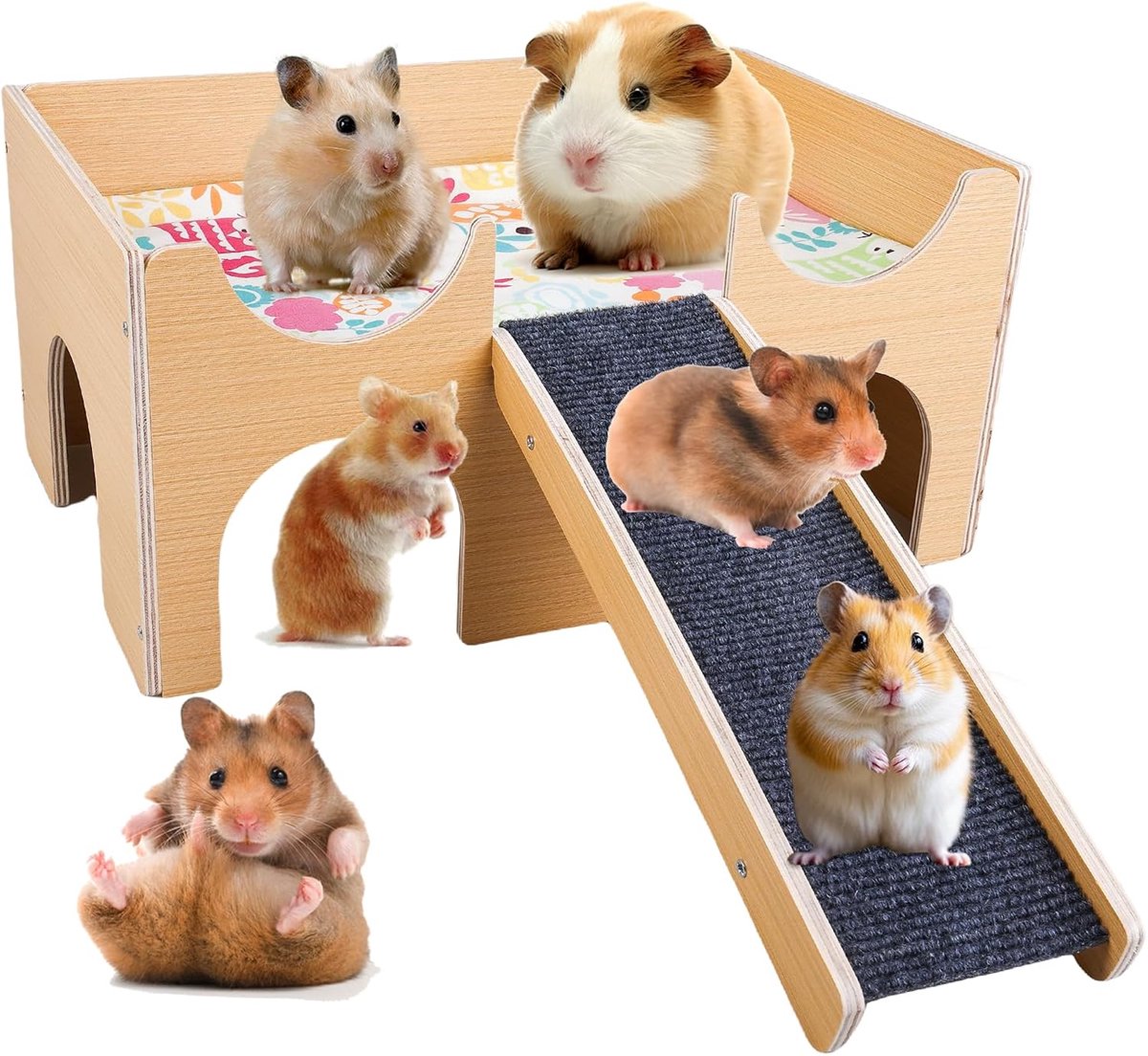 Cavia's huis, van hout met helling en 4 ingangen, verstopplaats en speelhuis voor kleine huisdieren zoals hamsters, konijnenhuis, degus, racemuizen, hamsters, speelgoed, accessoires, 38 x 23,7