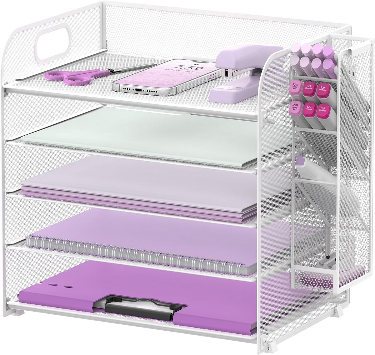 Bureau-organizer met 5 niveaus met handvat en afneembare penhouder, organizer voor bladeren/bestanden van mesh voor bureau, organizer voor mappen en letters (wit)