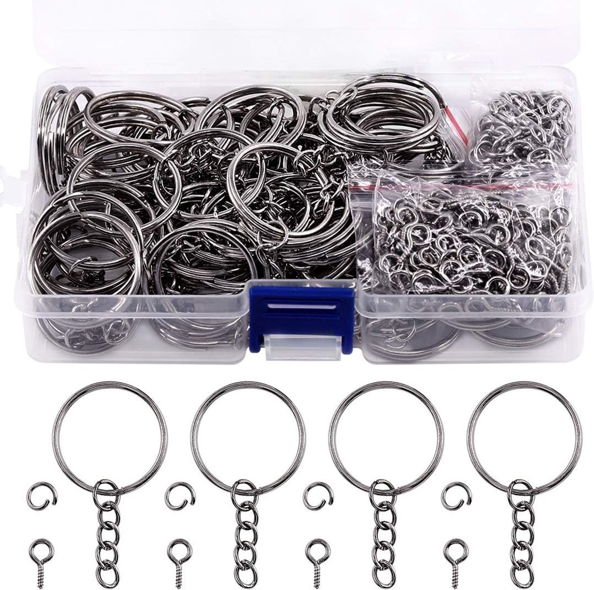 360-delig set geweerzwarte sleutelhangerringen van 6/5" (30mm), inclusief 120 met ketting, 120 splitringen en 120 schroefoogpinnen in bulk voor sieraden en accessoires (geweerzwart)