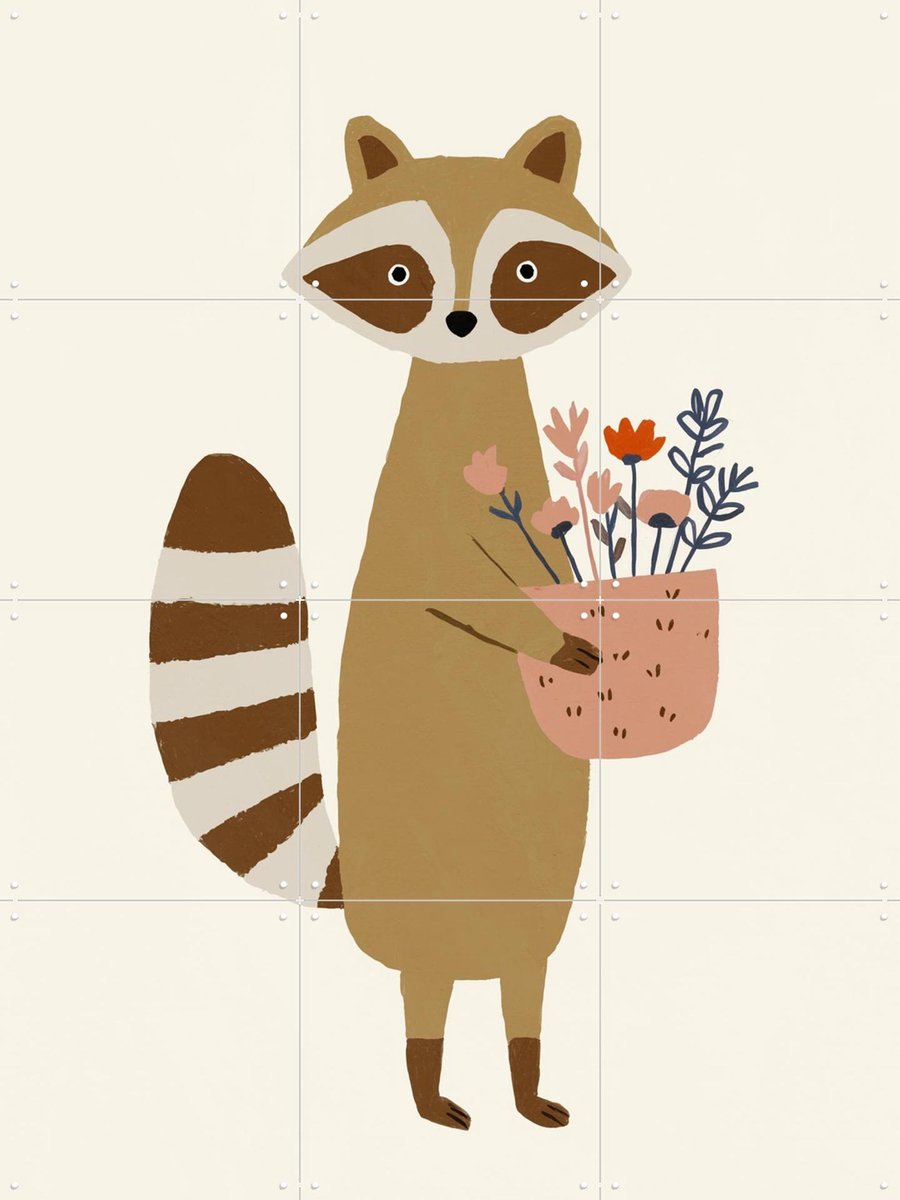 IXXI Raccoon with flowers, Treechild & Various - 60 x 80 cm - Gratis ophangtool - Grote wanddecoratie en posters - Speels, Modern, Cartoonesk