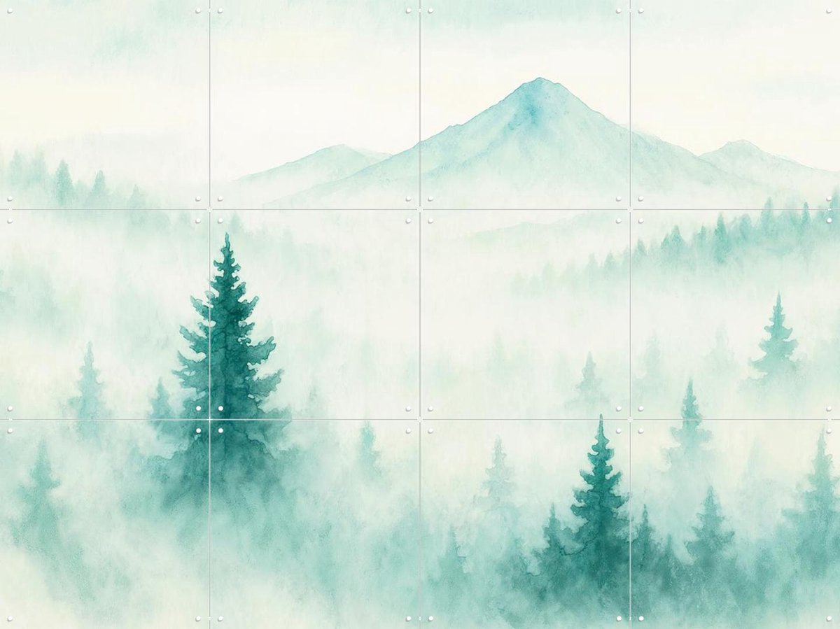 IXXI Berglandschap in de mist, Natalie Bruns - 80 x 60 cm - Gratis ophangtool - Grote wanddecoratie en posters - Aquarel, Gang, Woonkamer