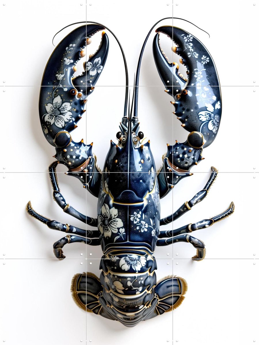 IXXI Lobster in Delft Blue Floral Porcelain Style, OTTI - 60 x 80 cm - Gratis ophangtool - Grote wanddecoratie en posters - Ornamenteel Ontwerp