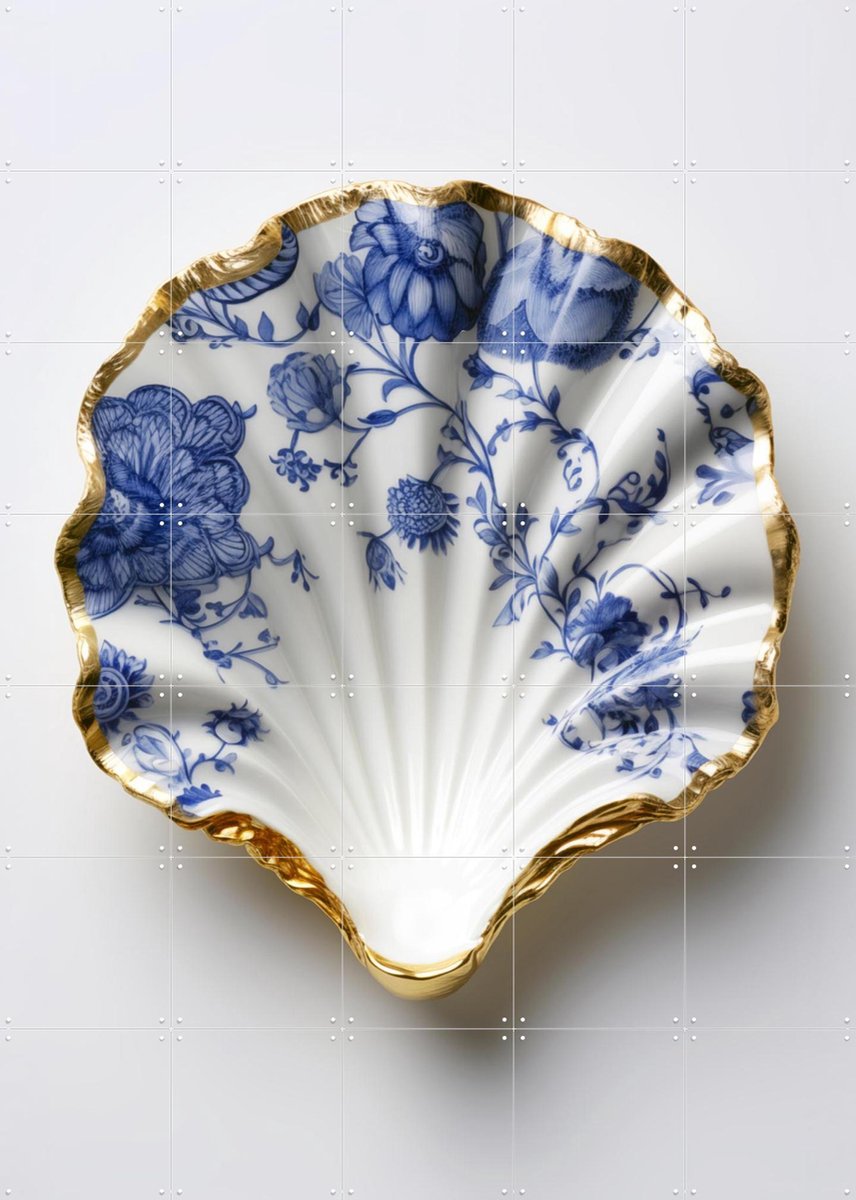 IXXI Delft Blue Shell with Gold Edge and Floral Pattern, OTTI - 100 x 140 cm - Gratis ophangtool - Grote wanddecoratie en posters - Decoratieve