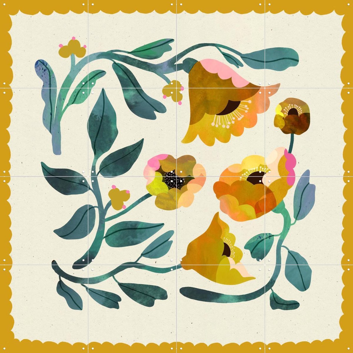 IXXI Lime Green Flower, Lena Addink - 80 x 80 cm - Gratis ophangtool - Grote wanddecoratie en posters - Speels, Illustraties, Gang, Trap, Slaapkamer