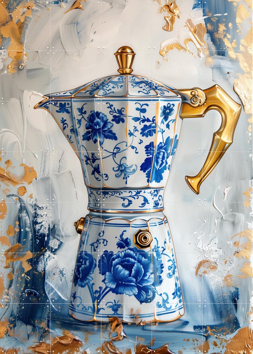 IXXI Italian Percolator Delft Blue, OTTI - 100 x 140 cm - Gratis ophangtool - Grote wanddecoratie en posters - Speels, Modern, Realisme, Kleurrijk