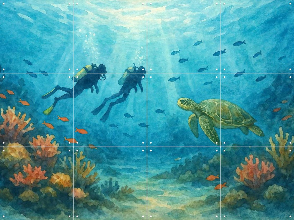 IXXI Duikers en Zeeschildpad bij het Koraalrif, Natalie Bruns - 80 x 60 cm - Gratis ophangtool - Grote wanddecoratie en posters - Kleurrijk