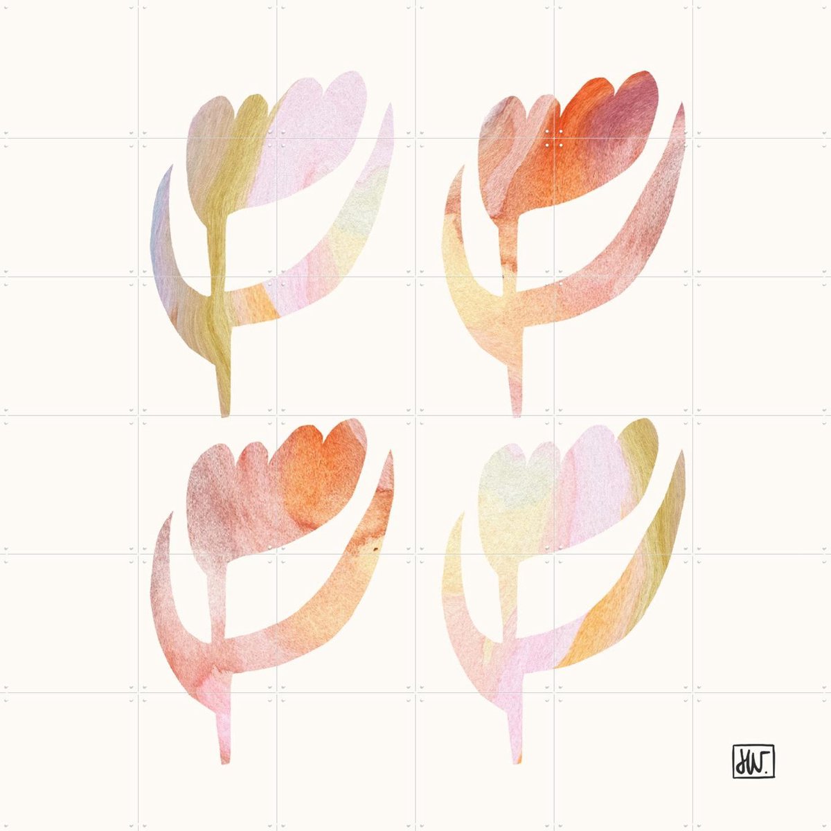 IXXI Four In Bloom, Henriette Visscher - 120 x 120 cm - Gratis ophangtool - Grote wanddecoratie en posters - Modern, Illustraties, Aquarel