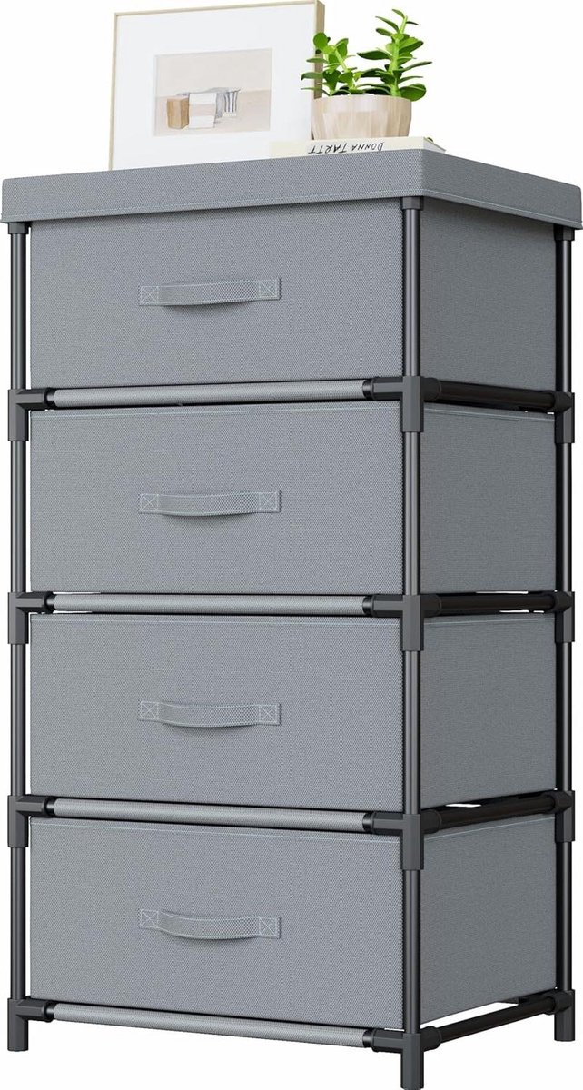 Stoffen commode - Opbergunit dressoir - Slaapkamer organiseren - Stevig stalen frame - 4 laden - Grijs