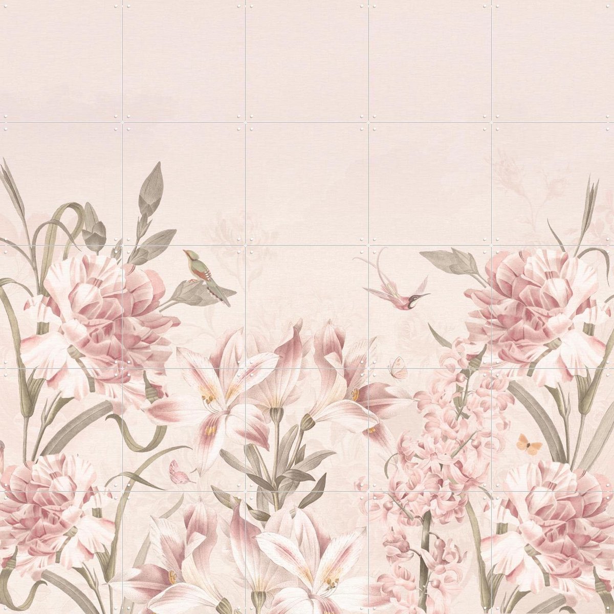 IXXI Vintage Spring Flowersand Birds, Bloomery Decor - 100 x 100 cm - Gratis ophangtool - Grote wanddecoratie en posters - Vintage, Fantasierijk, Art