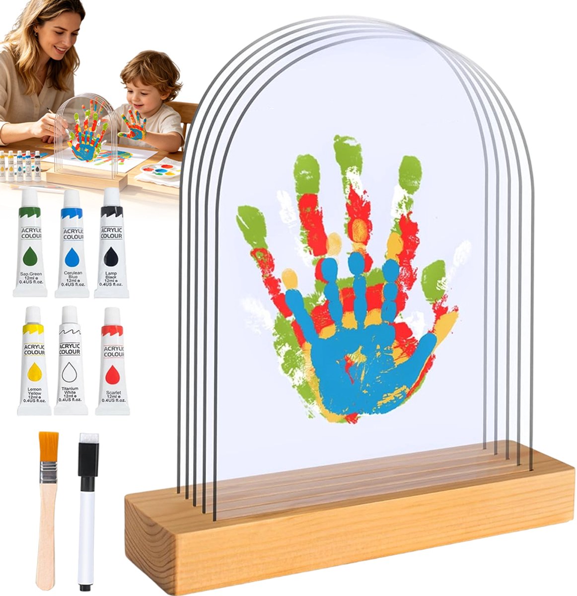Handafdrukset - Acryl Handafdrukset 5 Lagen - 6 Kleuren Verf & Penseel - 3D Aandenken Baby & Huisdier - Uitwisbare Marker & Afwasbaar - Voor Kraamcadeau, Kerst & DIY Knutselen