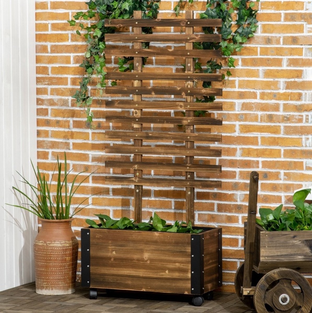 REDOM - Hochbeet met rankhulp - met 4 zwenkwielen - met afwateringsgaten - met metalen rand - tuin - hout - Bruin en Zwart - 65 x 31 x 147 cm