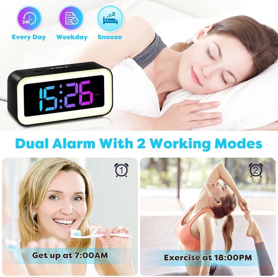 Digitale Wekker - Tafelklok Led - Wakker Worden - Rgb Sfeerlicht - 14.5 cm - Zwart — afbeelding 5