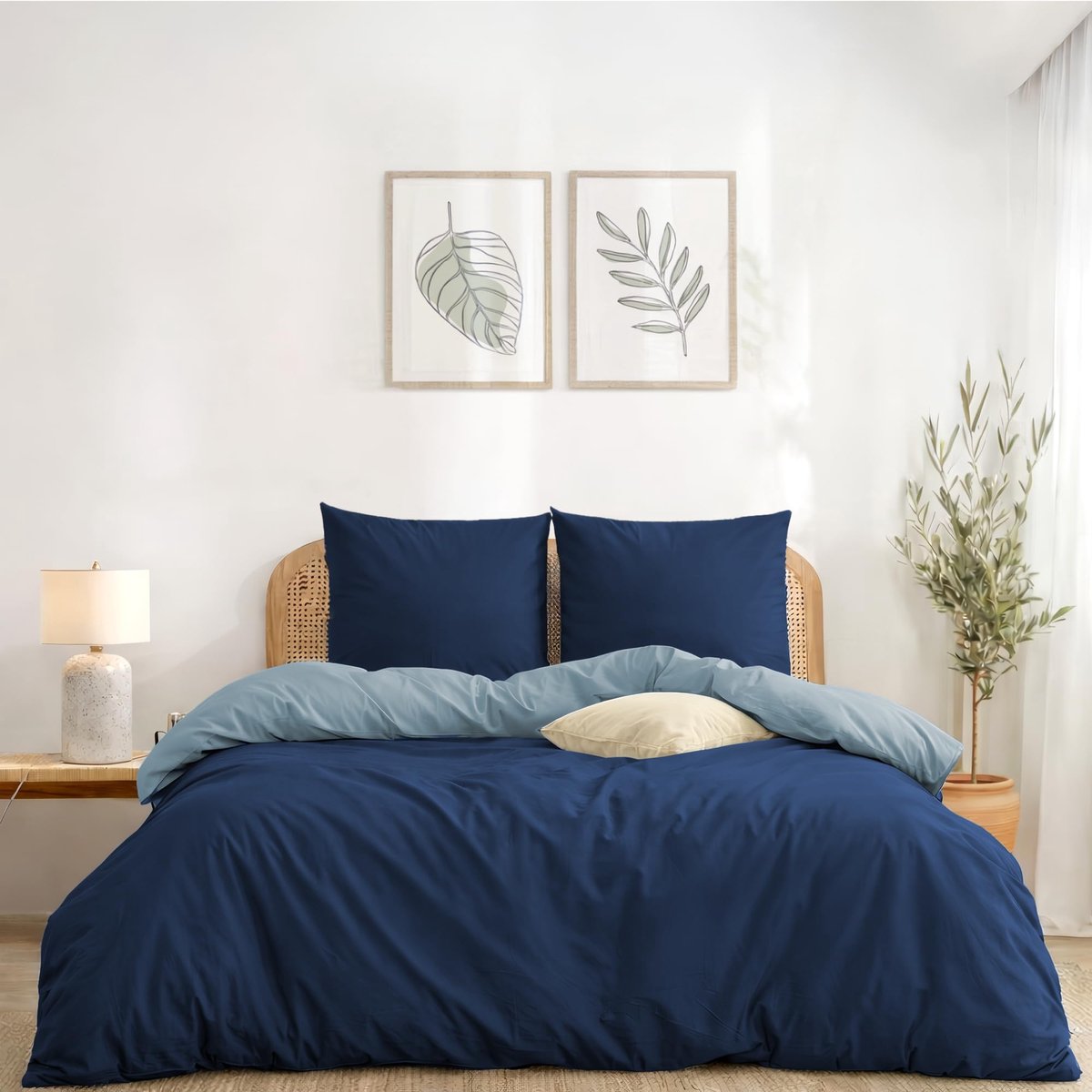 SnelShoppen - Twinzen Omkeerbaar Dekbedovertrek 200x200 cm met 2 Kussenslopen 65x65 cm, Donkerblauw/Blauw Grijs - 200x200 Microvezel Beddengoed Set -