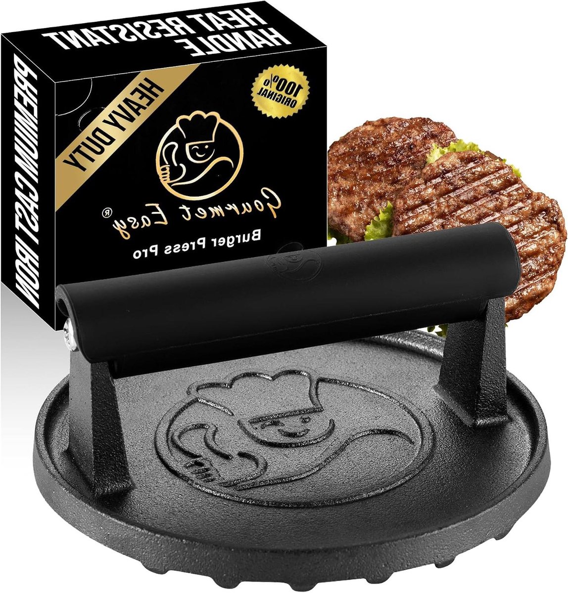 Burgerpers Gietijzer - Hamburger Smasher - Perfecte Burgers Maken - Hittebestendige Greep - Ø15cm - Zwart