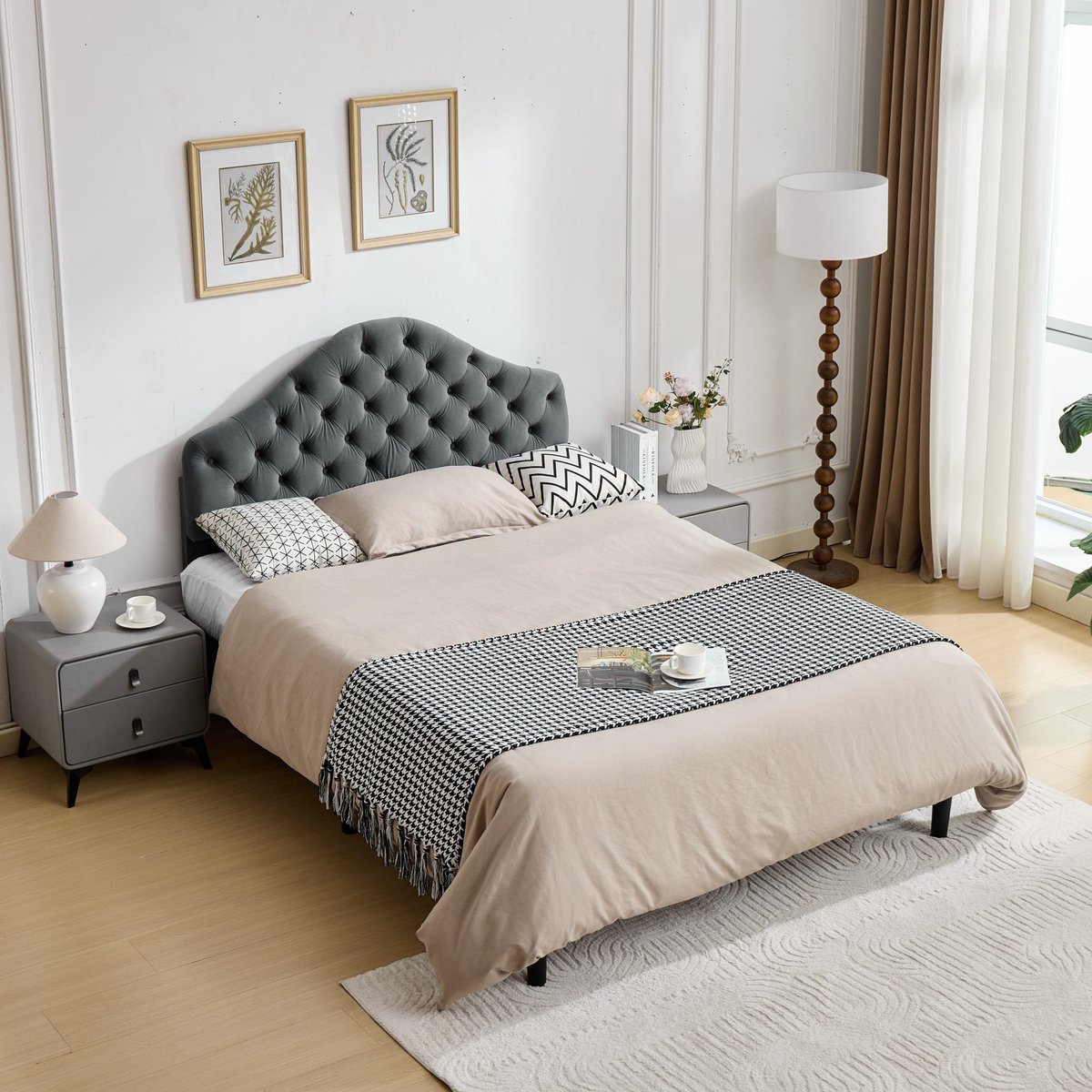 Gestoffeerd bed 140 x 200 cm - Met lattenbodem - Met hoofdbord - Fluweel - Grijs