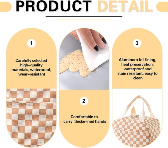 Corduroy lunchtas - schattige handtas voor lunch - herbruikbare geïsoleerde lunchtrommel - grote capaciteit herbruikbare koel-/warmhoudbox - geschikt voor werk/picknick/reizen (corduroy ruit bruin) — afbeelding 4
