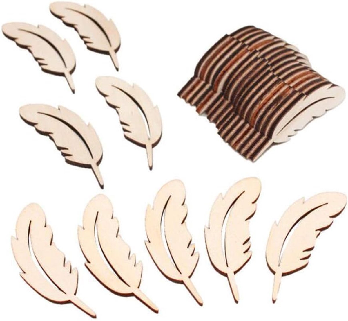 25 stuks houten gevormde veer ornament, onafgewerkte houten schijven voor doe-het-zelf handwerk, feest, bruiloftsdecoratie, accessoires
