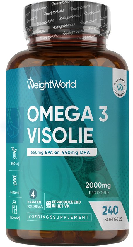Fles WeightWorld Omega 3 Visolie met 240 softgels voor 4 maanden. 660 mg EPA en 440 mg DHA.