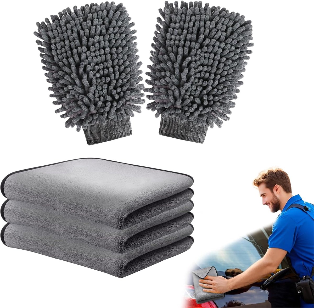 Autowasset – 5-delige microvezel autoreinigingsset, inclusief 3 ultrazachte autodoeken en 2 autowashandschoenen.