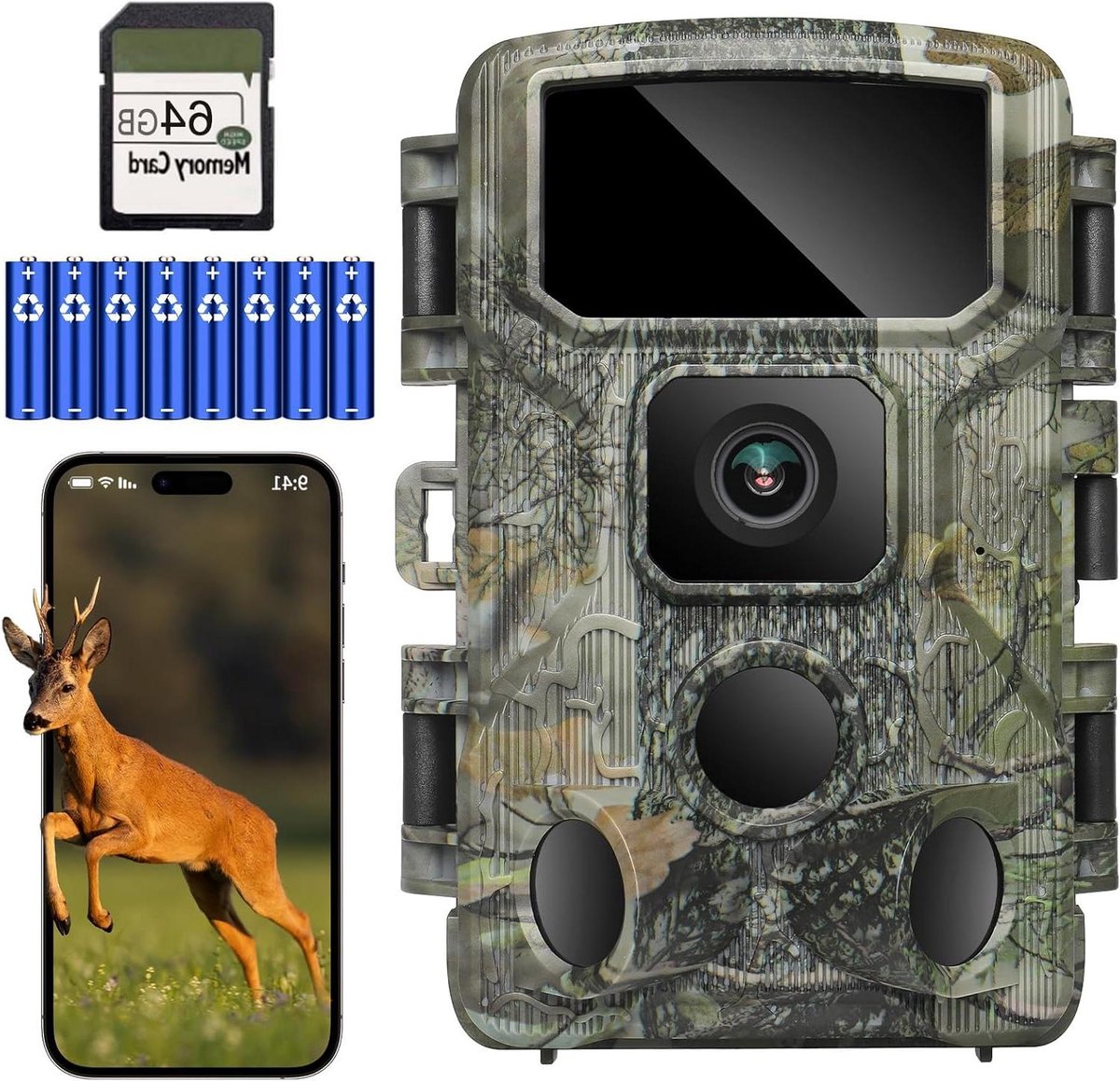 Wildcamera - Trailcamera Jachtcamera - Natuur Omgang - 01s Activeringstijd - 64MP 4K Video - Legergroen