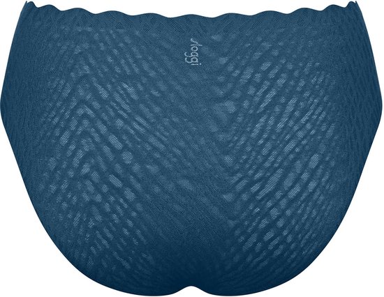 Donkerblauwe slip, achterkant met golfvormige rand en visgraatpatroon.